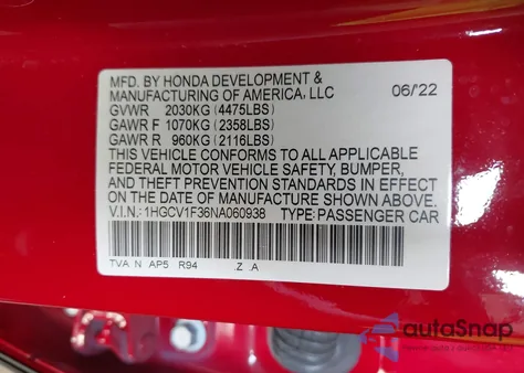 2022 Honda Accord Sport from USA, damaged, VIN 1HGCV1F36NA060938